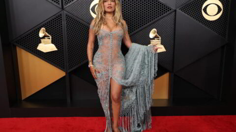 Karol G Sexy at 2026 GRAMMY Awards in Sheer Embroidered Lace 09