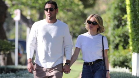 Sydney Sweeney Sexy in Brentwood in Relaxed White Tee and Flared Jeans