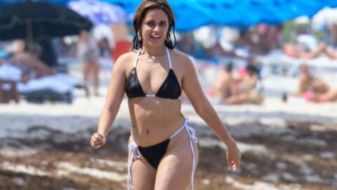 Camila Cabello Wears a Black and White Tie Side Bikini for a Swim in Coral Gables 11
