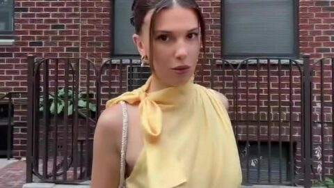 Millie Bobby Brown Flashes Hard Pokies in a Sheer Braless Top in NY 16